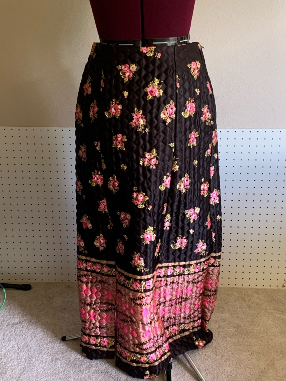 Black Quilted Maxi Skirt with Pink Floral Border - Picture 5 of 11